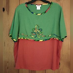 Vintage Jo Hardin Short Sleeve Colorblock Top With Colorful Floral Applique NWOT